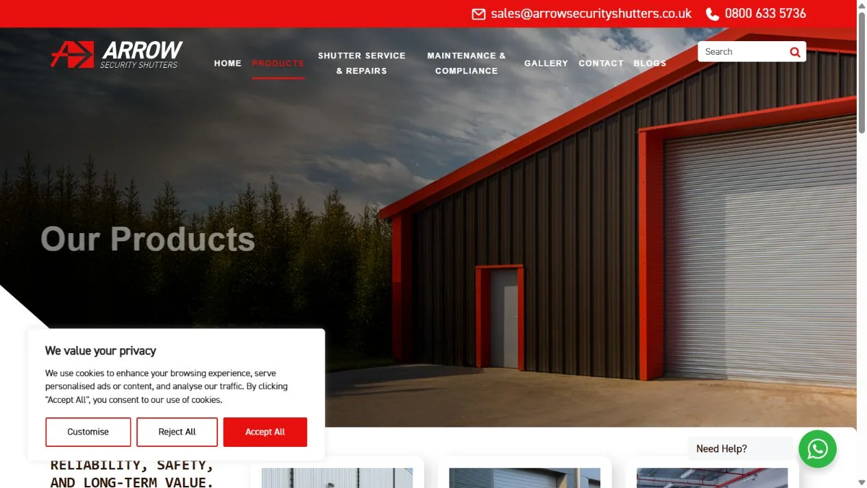 Arrow Security Shutters website preview; Plot Perfect provides SEO and digital support
